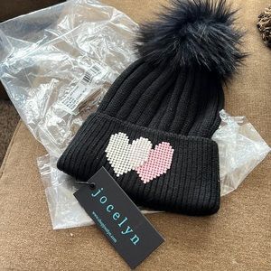 Black hat with pink and silver hearts
